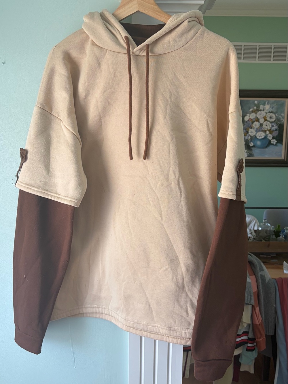 Layered Look Beige and Brown Hooded Pullover